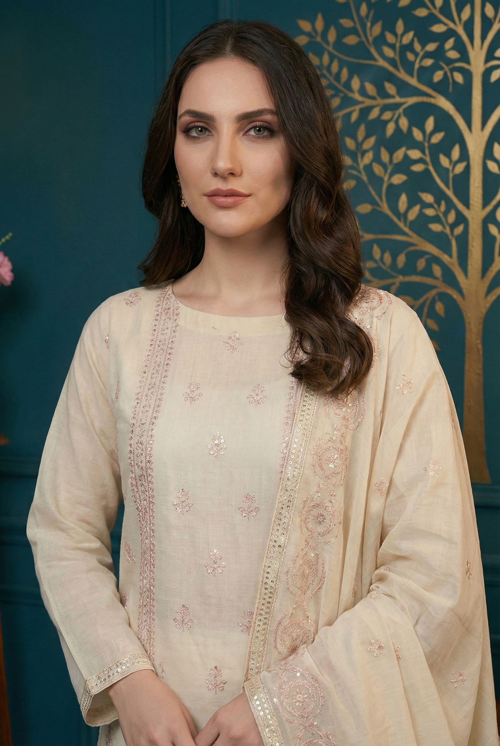Rania’s Slub Lawn Light Sequins Embroidered 3-Piece Suit RNS-SLB-3PC-921 - Image 2