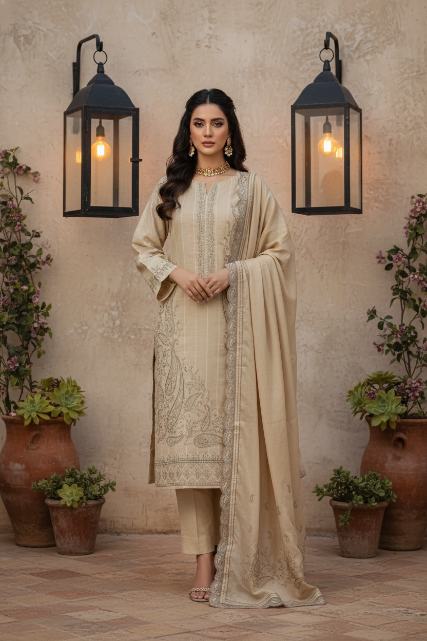 Rania’s Paisley Embroidered Slub Ribbon 3-Piece Suit RNS-SRB-PE3-844