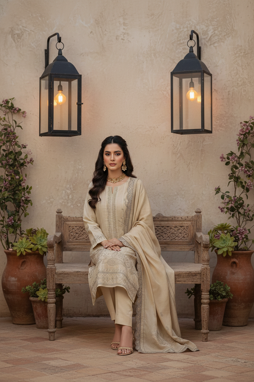 Rania’s Paisley Embroidered Slub Ribbon 3-Piece Suit RNS-SRB-PE3-844