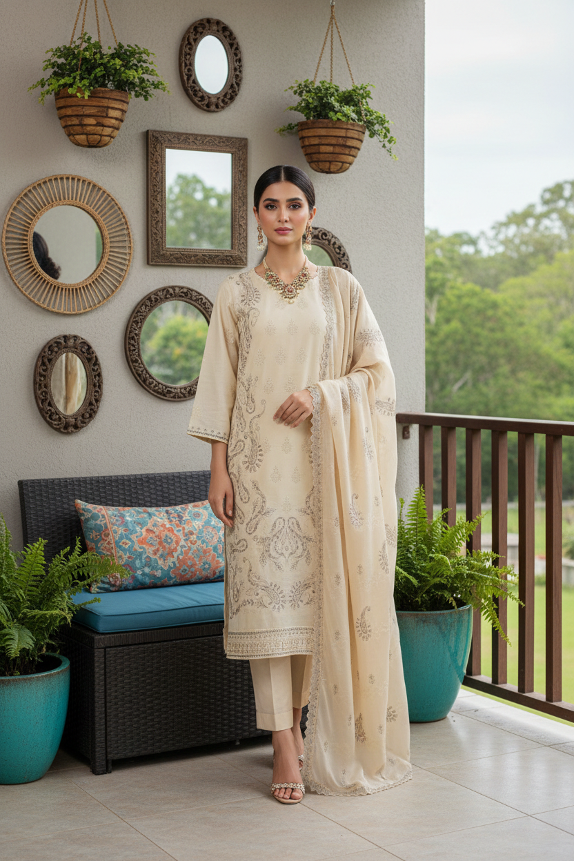 Rania’s Pure Cotton Paisley Embroidered 3-Piece Suit RNS-PCP3-919