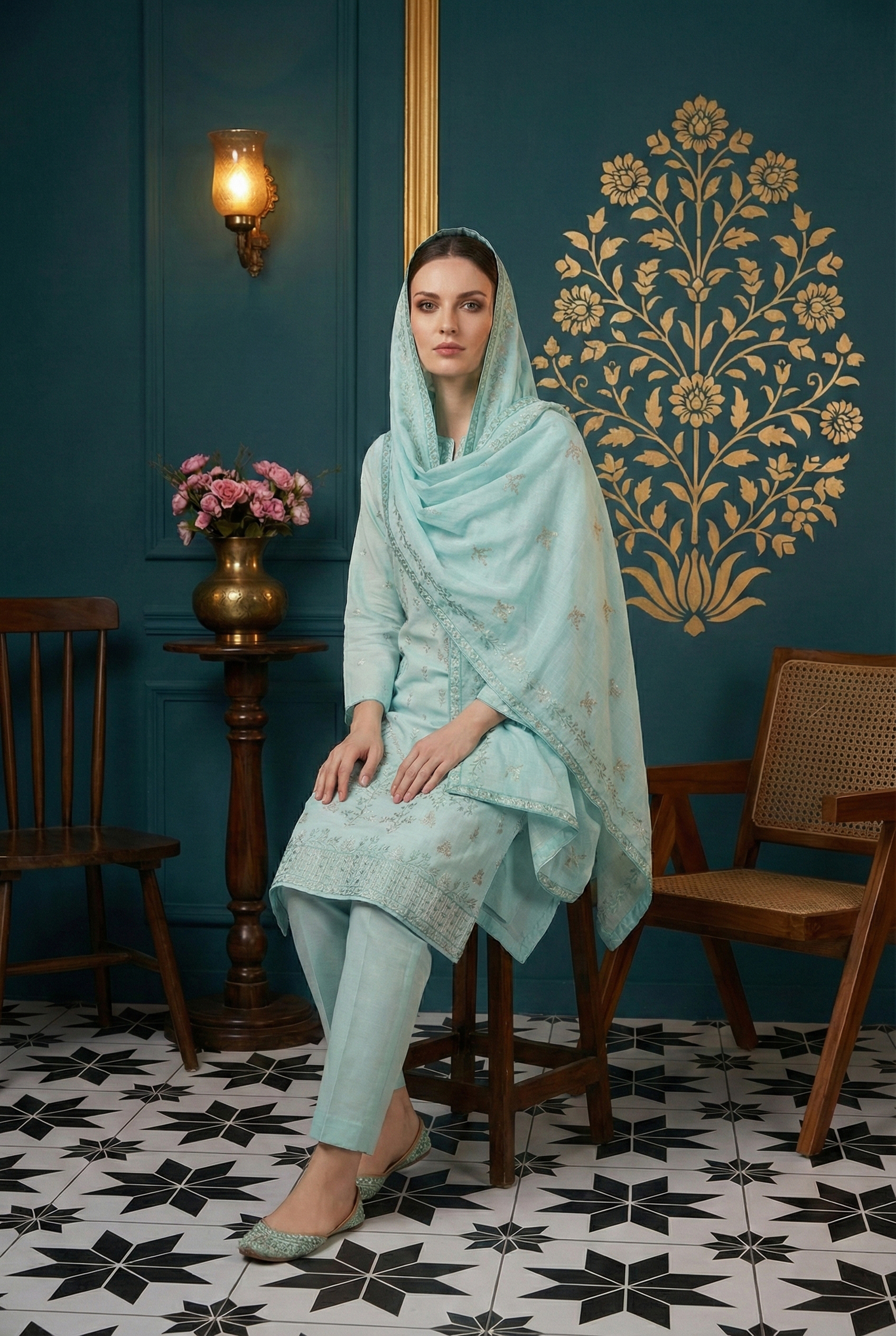 Rania’s Slub Lawn Light Sequins Embroidered 3-Piece Suit RNS-SLB-3PC-923 - Image 2