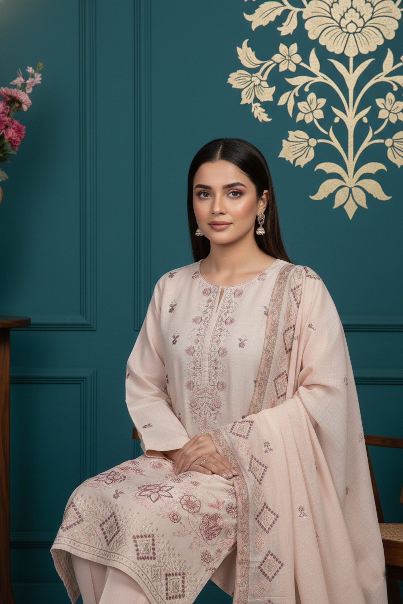 Rania’s Slub Lawn Light Sequins Embroidered 3-Piece Suit RNS-SLB-3PC-924 - Image 2