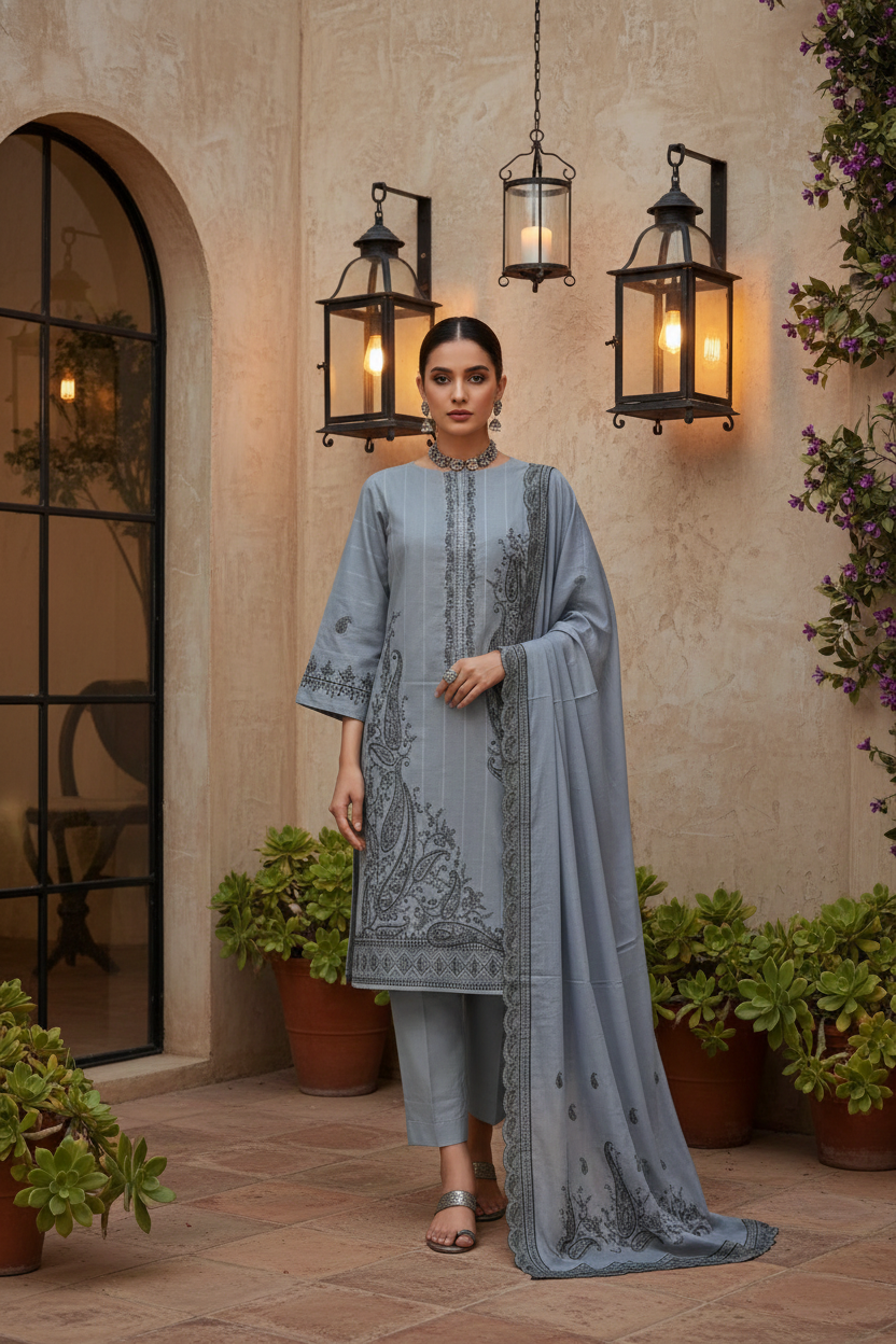 Rania’s Paisley Embroidered Slub Ribbon 3-Piece Suit RNS-SRB-PE3-847