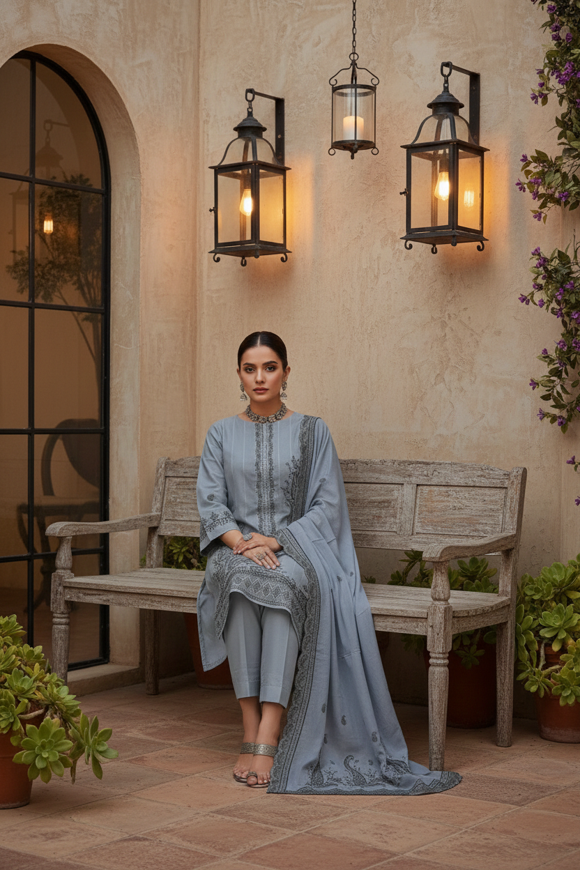 Rania’s Paisley Embroidered Slub Ribbon 3-Piece Suit RNS-SRB-PE3-847