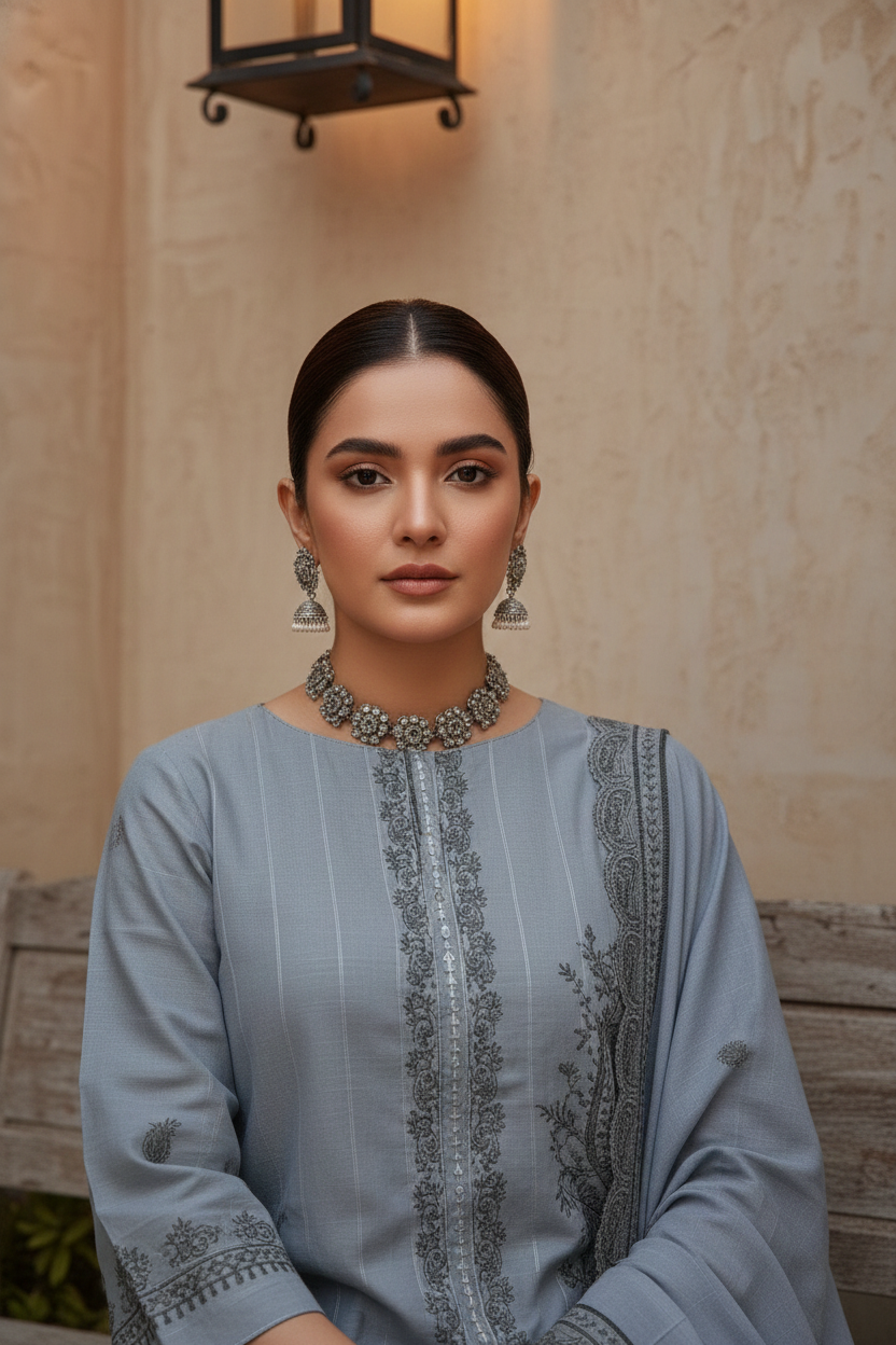 Rania’s Paisley Embroidered Slub Ribbon 3-Piece Suit RNS-SRB-PE3-847 - Image 3