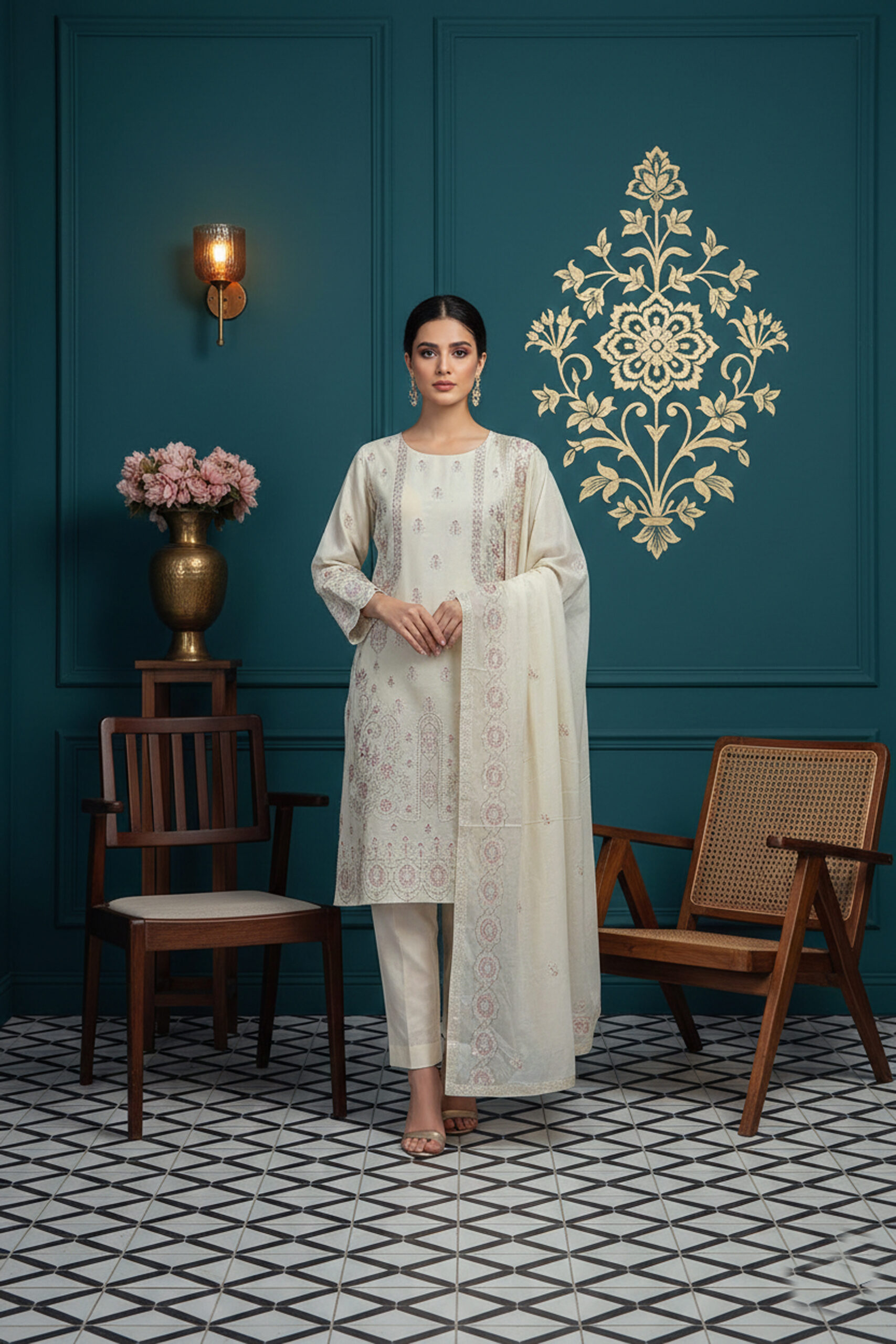 Rania’s Slub Lawn Light Sequins Embroidered 3-Piece Suit RNS-SLB-3PC-926