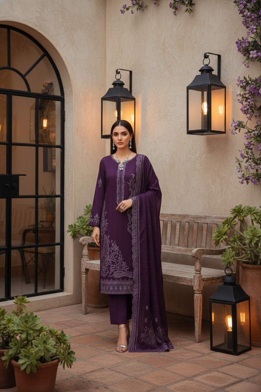 Rania’s Paisley Embroidered Slub Ribbon 3-Piece Suit RNS-SRB-PE3-848