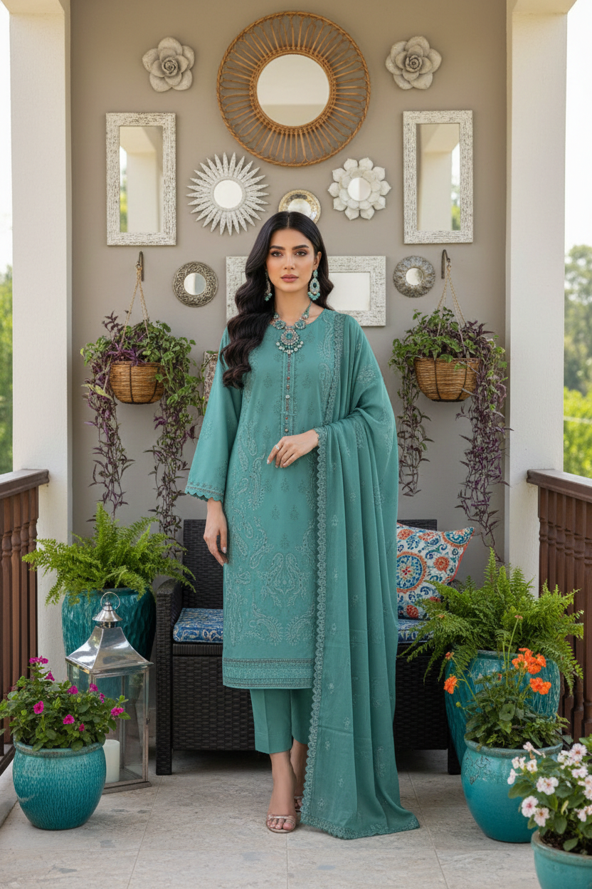 Rania’s Pure Cotton Paisley Embroidered 3-Piece Suit RNS-PCP3-923