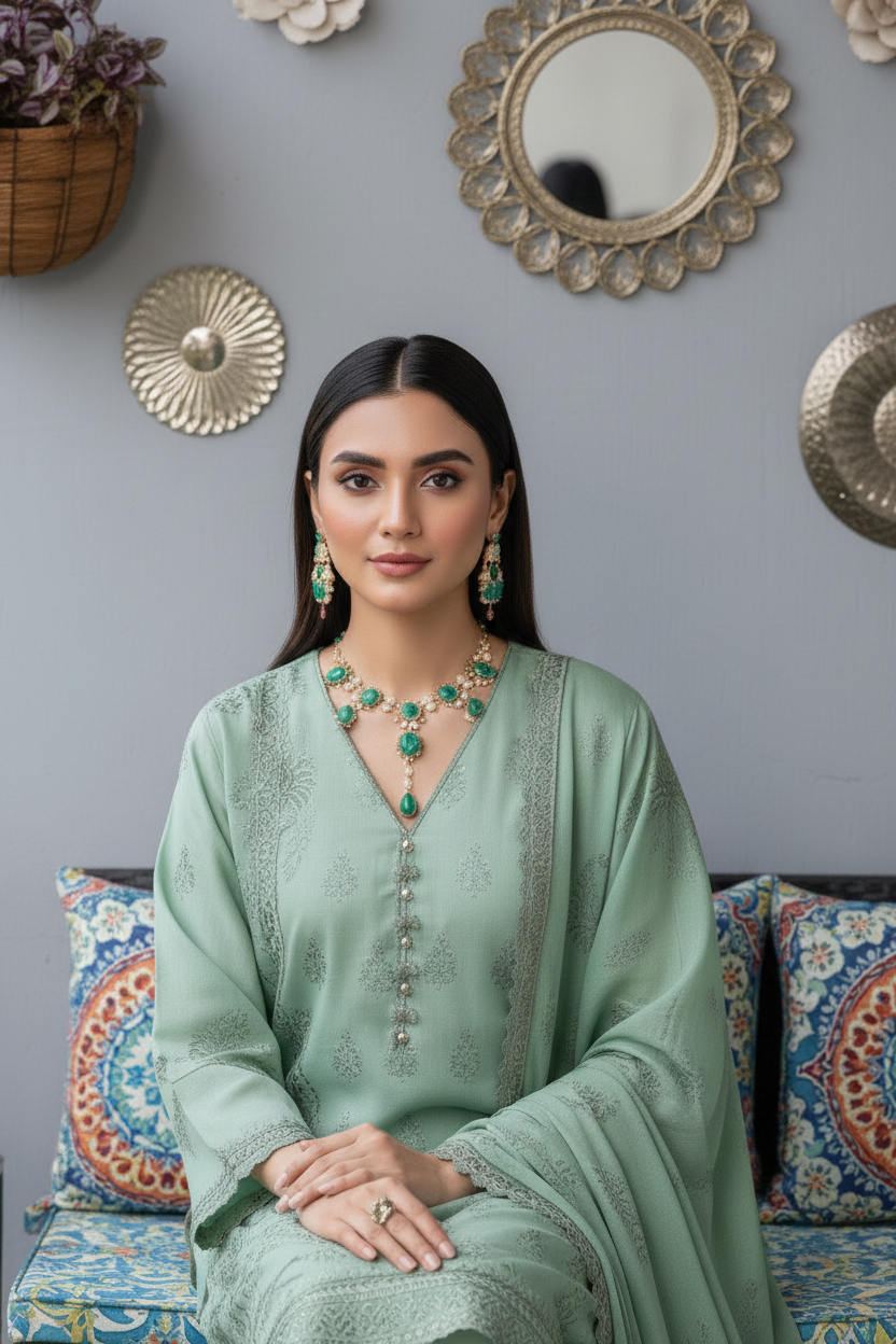 Rania’s Pure Cotton Paisley Embroidered 3-Piece Suit RNS-PCP3-924