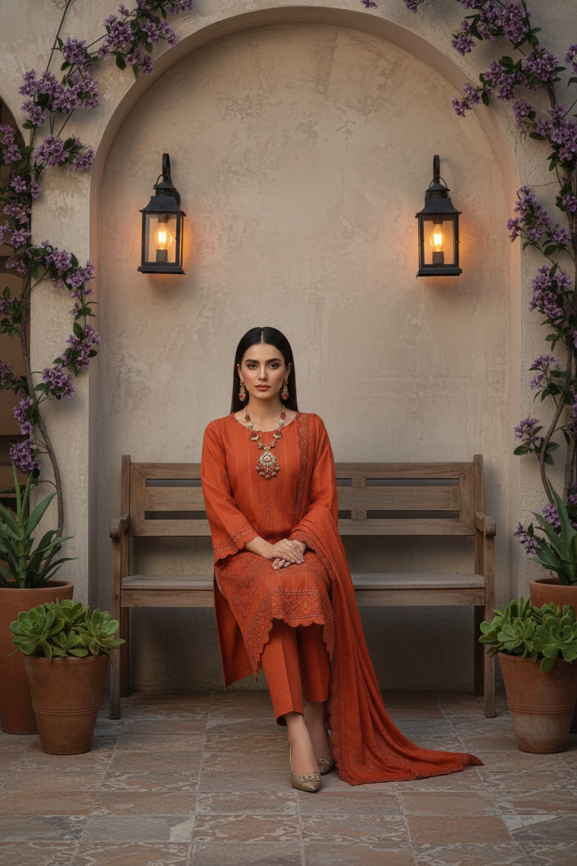 Rania’s Paisley Embroidered Slub Ribbon 3-Piece Suit RNS-SRB-PE3-849